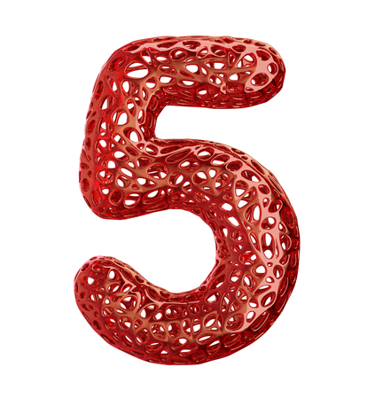 Number 5 five made of red plastic with abstract holes isolated on white background. 3d renderingの写真素材