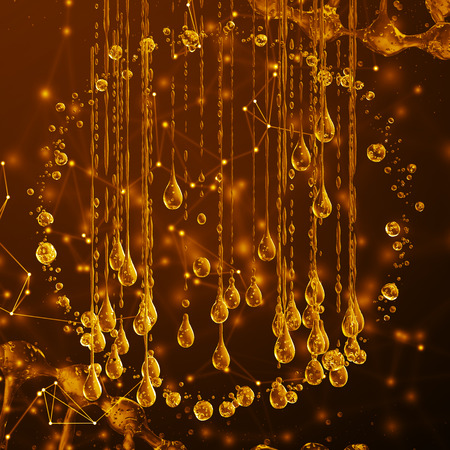 3D detailed illustration of a drop of water gold color. Yellow background 3d renderingの写真素材