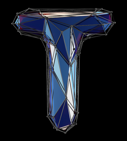 Capital latin letter T in low poly style blue color isolated on black background. 3d renderingの写真素材