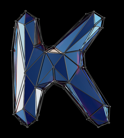 Capital latin letter K in low poly style blue color isolated on black background. 3d renderingの写真素材