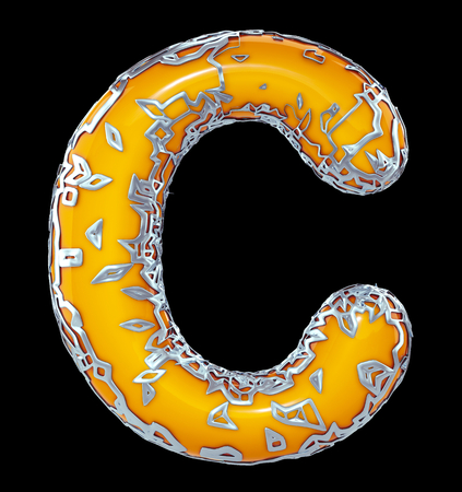 Golden shining metallic 3D with yellow paint symbol capital letter C - uppercase isolated on black. 3d renderingの写真素材