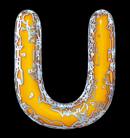 Golden shining metallic 3D with yellow paint symbol capital letter U - uppercase isolated on black. 3d renderingの写真素材