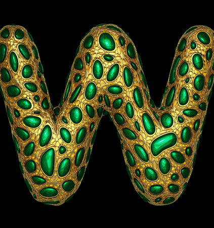 Golden shining metallic 3D with green glass symbol capital letter W - uppercase isolated on black. 3d renderingの写真素材