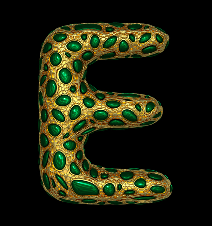 Golden shining metallic 3D with green glass symbol capital letter E - uppercase isolated on black. 3d renderingの写真素材