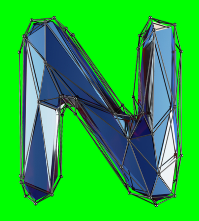 Capital latin letter N in low poly style blue color isolated on green background. 3d renderingの写真素材