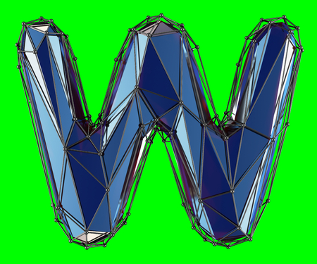 Capital latin letter W in low poly style blue color isolated on green background. 3d renderingの写真素材