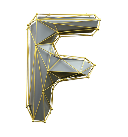 Capital latin letter F in low poly style silver and gold color isolated on white background. 3d renderingの写真素材