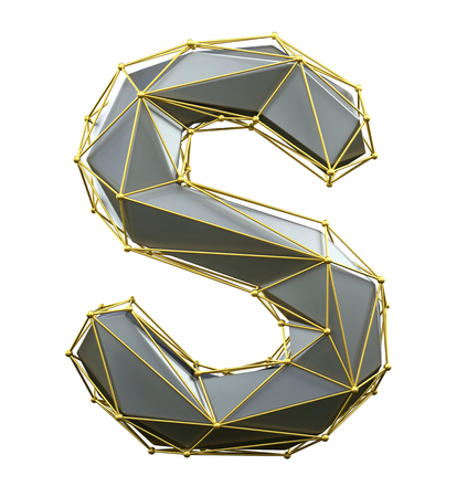 Capital latin letter S in low poly style silver and gold color isolated on white background. 3d renderingの写真素材