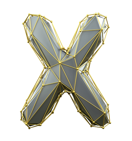 Capital latin letter X in low poly style silver and gold color isolated on white background. 3d renderingの写真素材