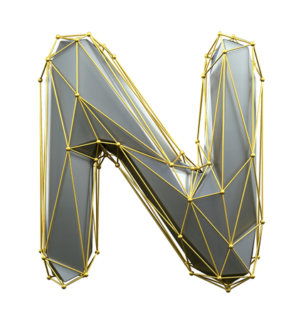 Capital latin letter N in low poly style silver and gold color isolated on white background. 3d renderingの写真素材