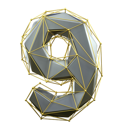 Low poly style number 9. Silver and gold color isolated on white background. 3d renderingの写真素材