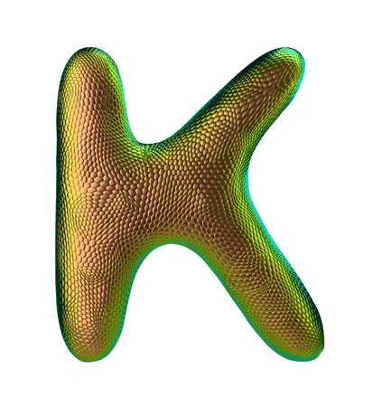 Letter K made of natural snake skin texture gold color. 3D letter render isolated on white. 3d renderingの写真素材