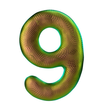 Number 9 nine made of natural gold snake skin texture isolated on white. 3d rendering