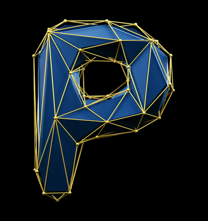 Capital latin letter P in low poly style blue and gold color isolated on black background. 3d renderingの写真素材