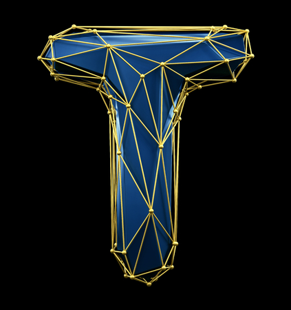 Capital latin letter T in low poly style blue and gold color isolated on black background. 3d renderingの写真素材