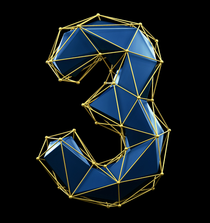 Low poly style number 3. Blue and gold color isolated on black background. 3d renderingの写真素材