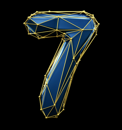 Low poly style number 7. Blue and gold color isolated on black background. 3d renderingの写真素材