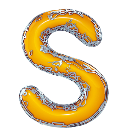Golden shining metallic 3D with yellow paint symbol capital letter S - uppercase isolated on white. 3d renderingの写真素材