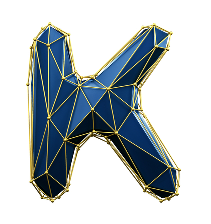 Capital latin letter K in low poly style blue and gold color isolated on white background. 3d renderingの写真素材