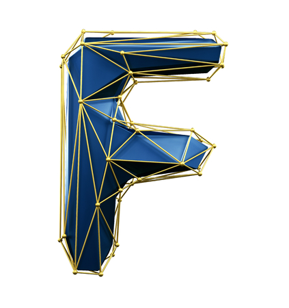 Capital latin letter F in low poly style blue and gold color isolated on white background. 3d renderingの写真素材