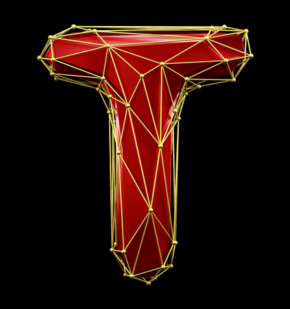 Capital latin letter T in low poly style red and gold color isolated on black background. 3d renderingの写真素材