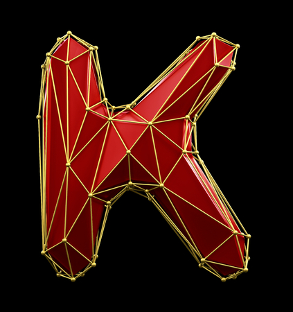 Capital latin letter K in low poly style red and gold color isolated on black background. 3d renderingの写真素材