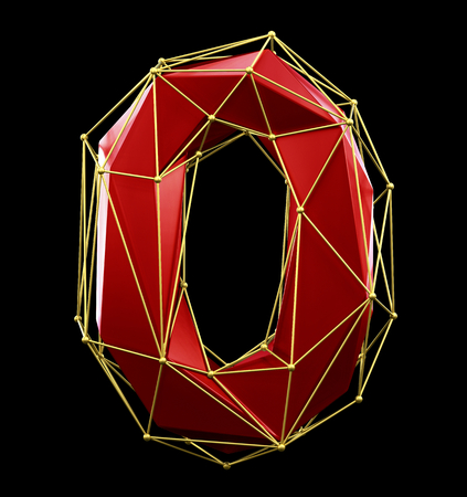 Low poly style number 0. Red and gold color isolated on black background. 3d renderingの写真素材
