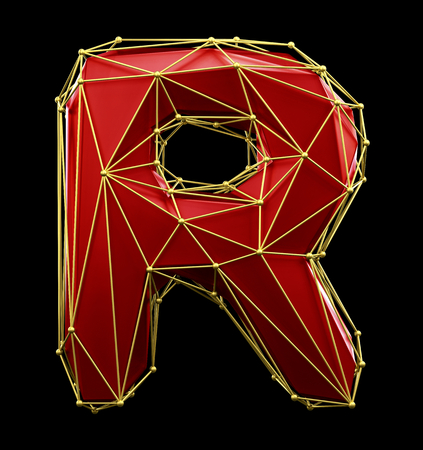 Capital latin letter R in low poly style red and gold color isolated on black background. 3d renderingの写真素材