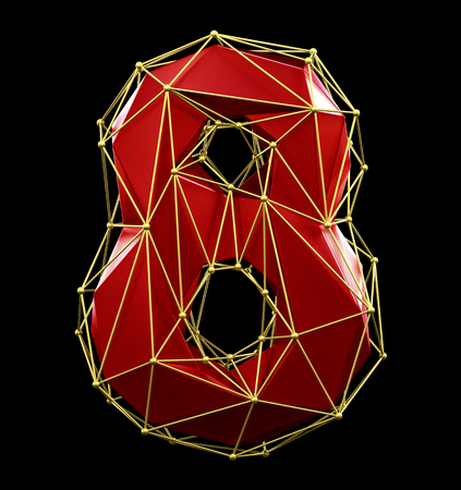 Low poly style number 8. Red and gold color isolated on black background. 3d renderingの写真素材