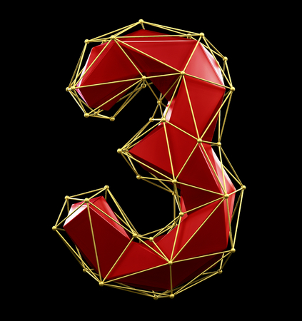 Low poly style number 3. Red and gold color isolated on black background. 3d renderingの写真素材