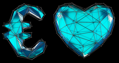 Symbol collection euro and heart made of 3d render blue color. Collection of low polly style symbol isolated on black backgroundの写真素材