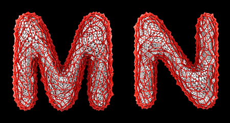 Realistic 3D letters set M, N made of red plastic. Collection symbols of plastic with abstract holes isolated on black background 3d renderingの写真素材
