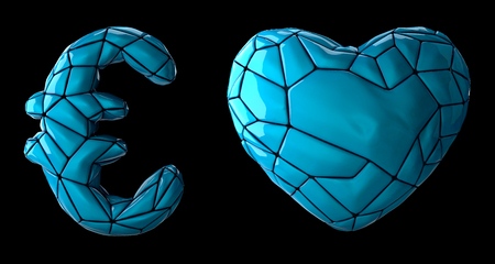 Symbol collection euro and heart made of blue plastic. Collection symbols of low poly style blue color plastic isolated on black background 3d renderingの写真素材