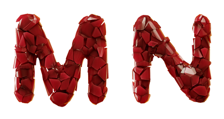 Letter set M, N made of 3d render plastic shards red color. Collection of plastic alphabet isolated on white.の写真素材