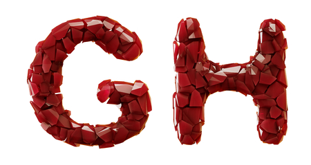 Letter set G, H made of 3d render plastic shards red color. Collection of plastic alphabet isolated on white.の写真素材