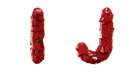 Letter set I, J made of 3d render plastic shards red color. Collection of plastic alphabet isolated on white.の写真素材