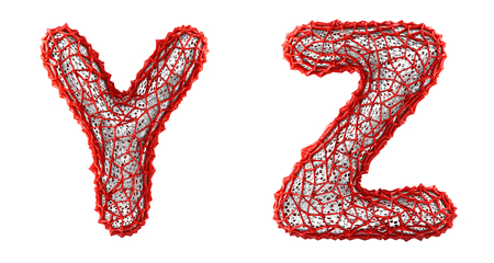 Realistic 3D letters set Y, Z made of red plastic. Collection symbols of plastic with abstract holes isolated on white background 3d renderingの写真素材