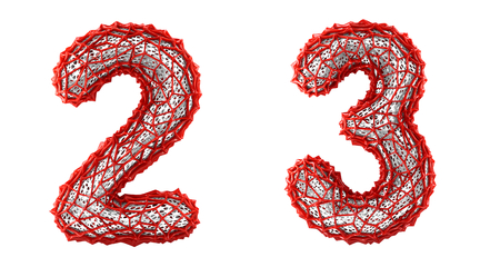 Number set 2, 3 made of red plastic. Collection symbols of plastic with abstract holes isolated on white background 3d renderingの写真素材
