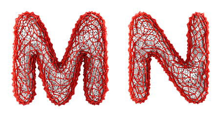 Realistic 3D letters set M, N made of red plastic. Collection symbols of plastic with abstract holes isolated on white background 3d renderingの写真素材