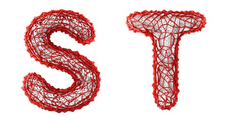 Realistic 3D letters set S, T made of red plastic. Collection symbols of plastic with abstract holes isolated on white background 3d renderingの写真素材