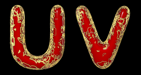Realistic 3D letters set U, V made of gold shining metal letters. Collection of gold shining metallic with red paint symbol isolated on black backgroundの写真素材
