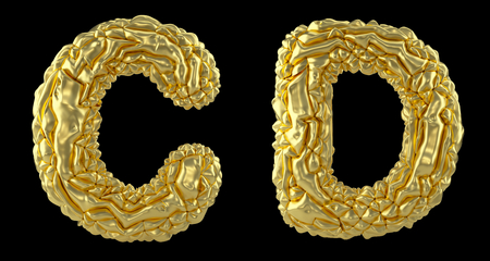 Realistic 3D letters set C, D made of crumpled foil. Collection symbols of crumpled gold foil isolated on black background. 3d renderingの写真素材
