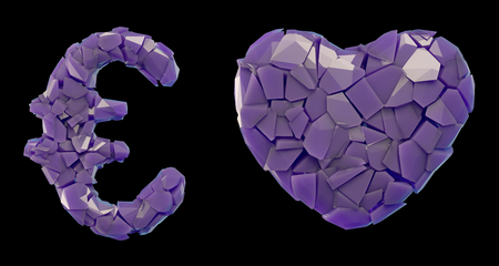 Symbol collection euro and heart made of 3d render plastic shards purple color. Collection of plastic symbol isolated on black backgroundの写真素材
