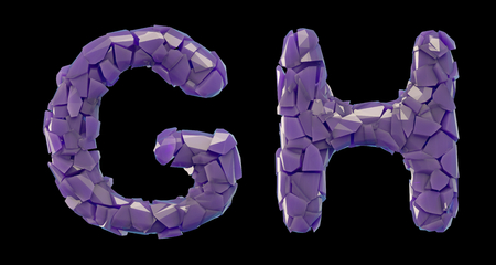 Letter set G, H made of 3d render plastic shards purple color. Collection of plastic alphabet isolated on black.の写真素材