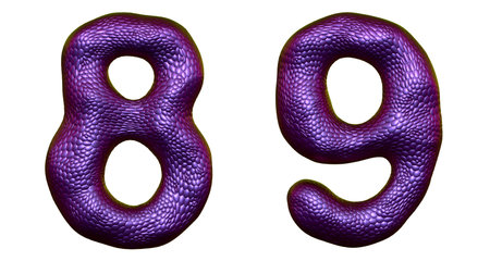 Number set 8, 9 made of realistic 3d render purple color. Collection of natural snake skin texture...
