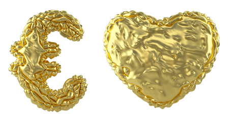Symbol collection euro and heart made of realistic 3d render crumpled gold foil. Collection of crumpled foil symbol isolated on white backgroundの写真素材