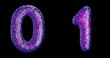 Number set 0, 1 made of purple plastic. Collection symbols of plastic with abstract holes isolated on black background 3d renderingの写真素材