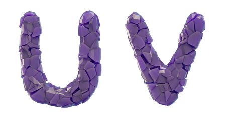 Letter set U, V made of 3d render plastic shards purple color. Collection of plastic alphabet isolated on white.の写真素材