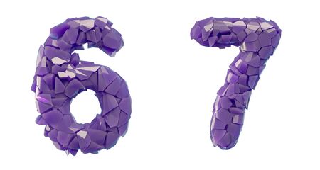 Number set 6, 7 made of 3d render plastic shards purple color. Collection of plastic number isolated on white.の写真素材
