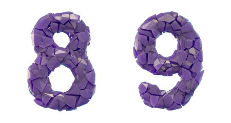 Number set 8, 9 made of 3d render plastic shards purple color. Collection of plastic number isolated...